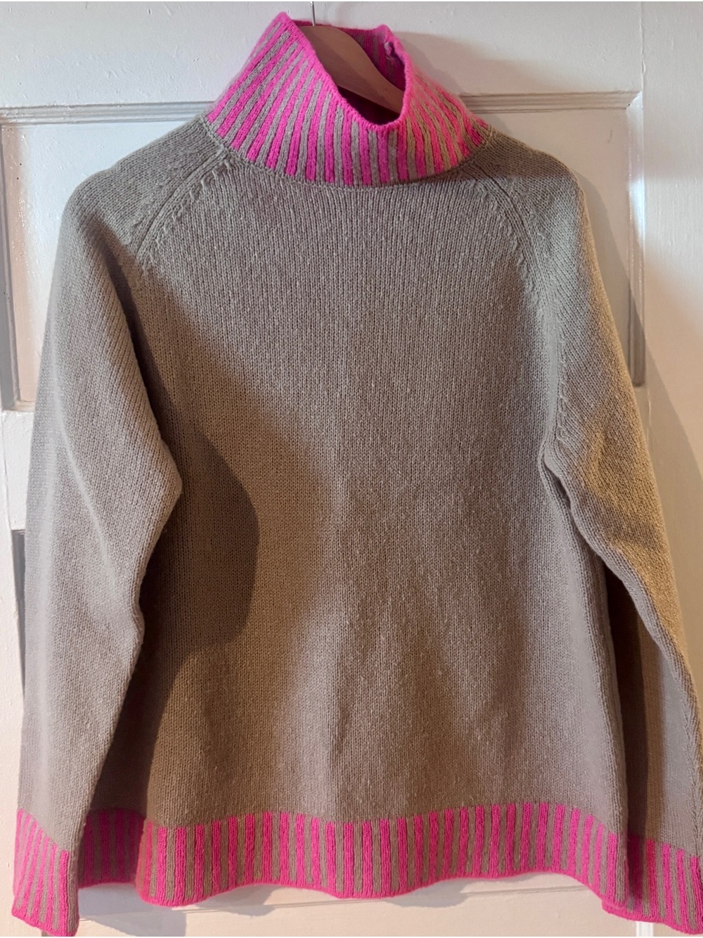 First Love Beige Knit Turtleneck Sweater with Pink Trim